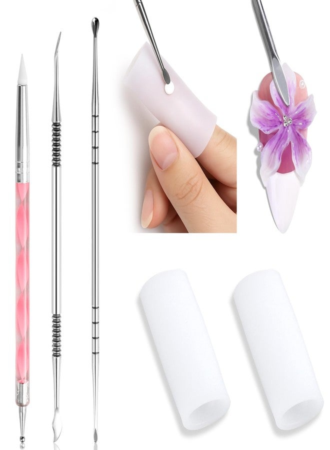 Furtherpretty 3D Nail Art Sculpting Tools Set, 3 Pack Dual-Head Carving Pens with 2 Silicone Finger Sleeves for Acrylic Gel Flowers Design, DIY Manicure Professional Salon Supplies for Nail Techs - Image 1